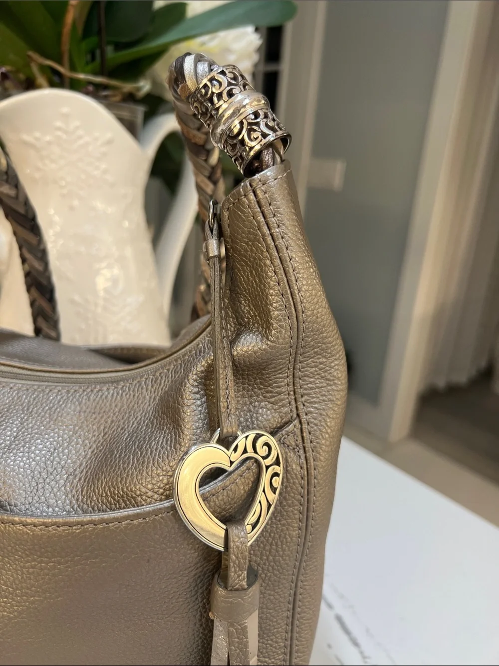 Brighton Metallic Taupe Pewter Leather Shoulder Bag with Braided Strap